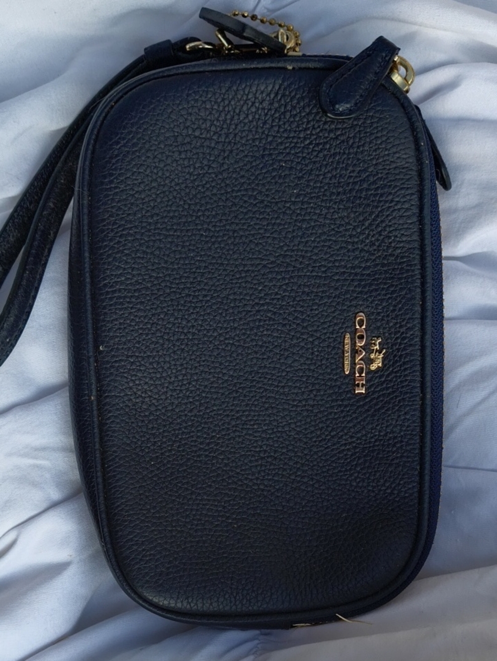 Coach Navy Pebbled Leather Crossbody Wristlet with Gold Hardware